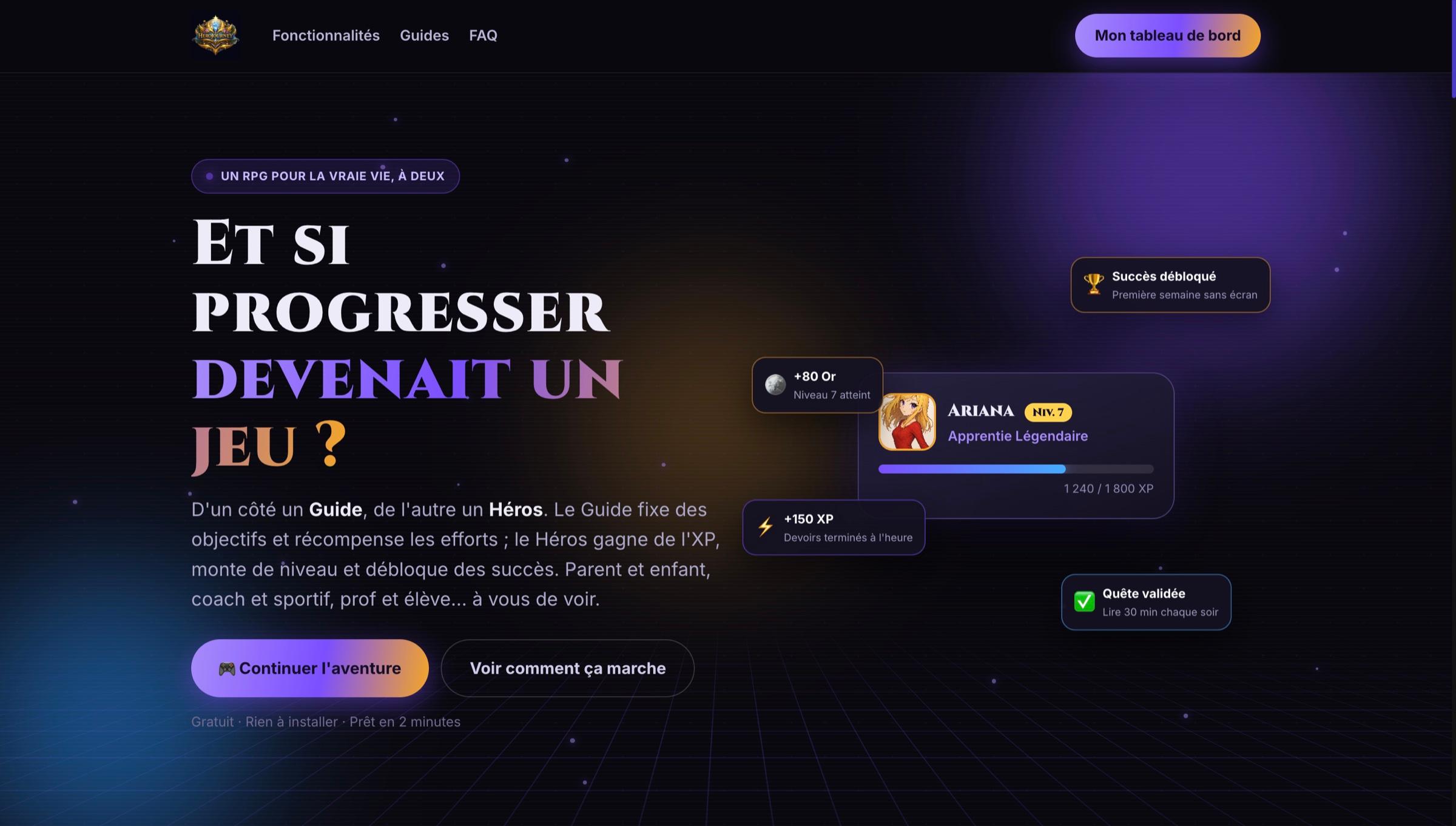 Page d'accueil de HeroJourney : « Et si progresser devenait un jeu ? », avec une fiche de Héros de niveau 7 et ses gains d'XP