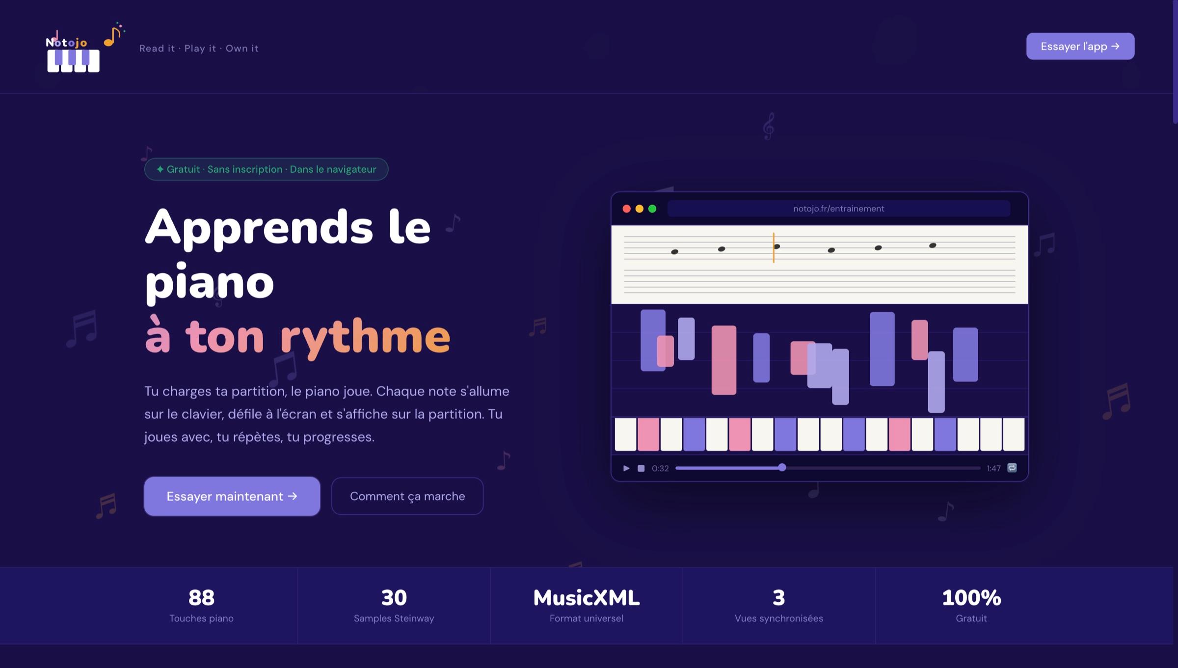 Page d'accueil de Notojo : « Apprends le piano à ton rythme », avec un aperçu de la partition, des notes défilantes et du clavier