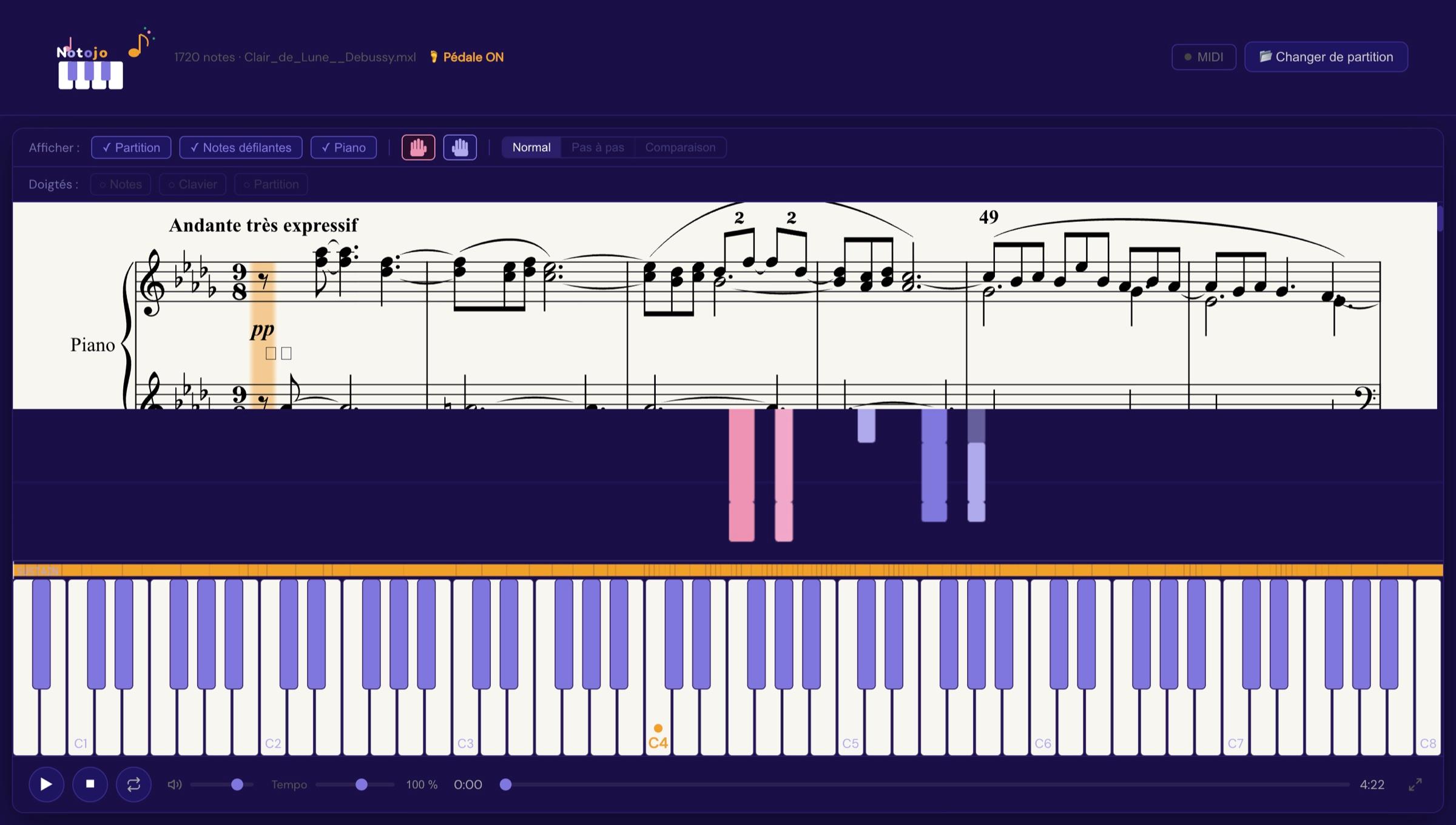 Mode entraînement de Notojo sur le Clair de lune de Debussy : partition, notes défilantes et clavier de 88 touches