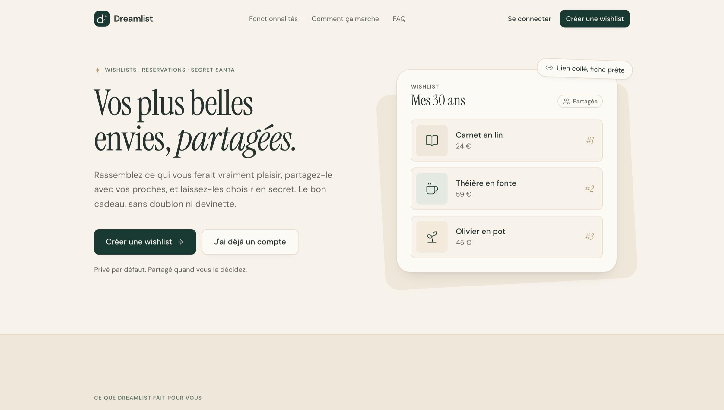 Page d'accueil de Dreamlist : « Vos plus belles envies, partagées. », avec l'aperçu d'une wishlist « Mes 30 ans »